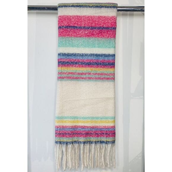 Free People Skye Striped Blanket Fringe Throw 60"x50" Ivory Pink Blue Soft EUC - Picture 3 of 5